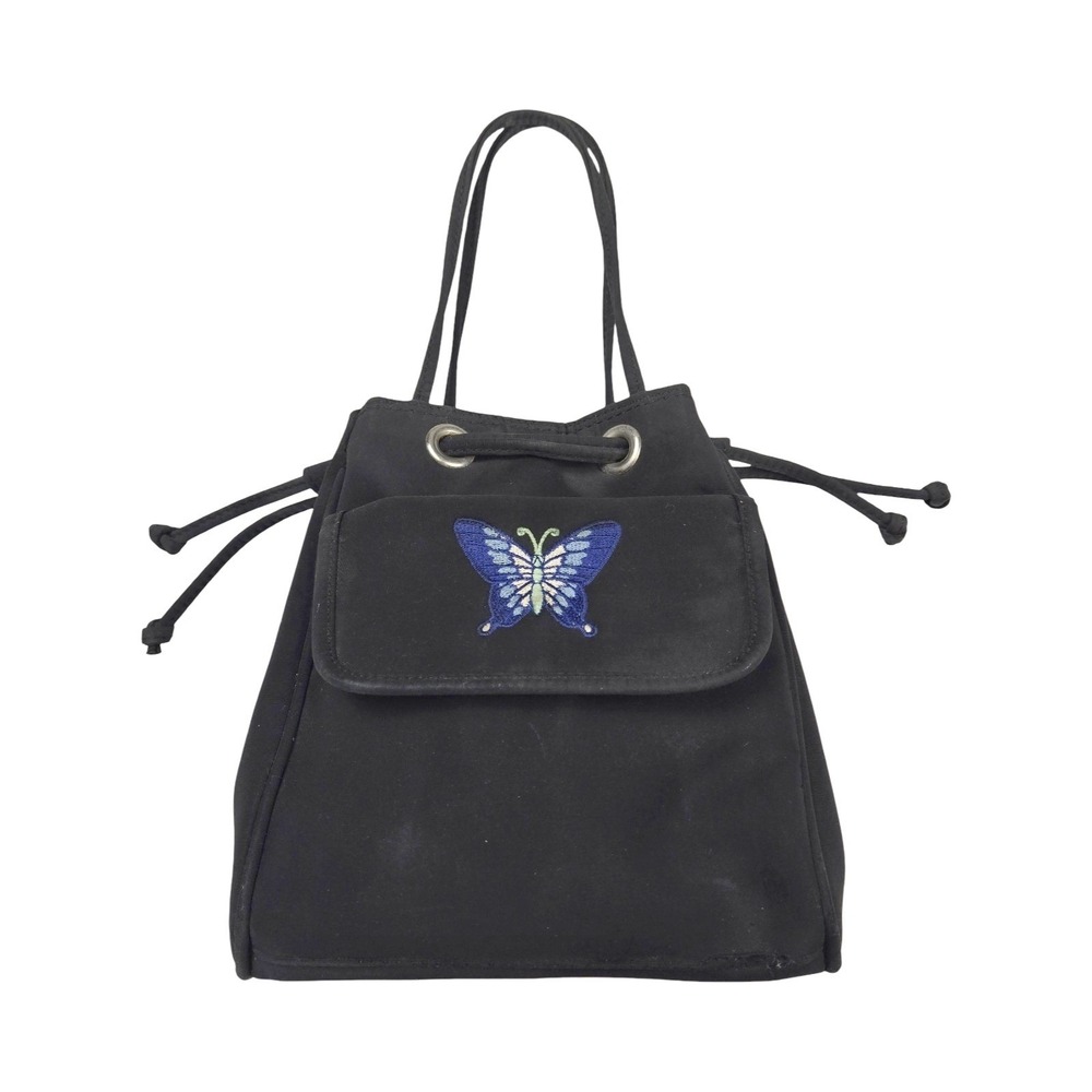Rosa Black Butterfly Embroidered Drawstring Mini Bag Vintage Y2K 90s Korea Small